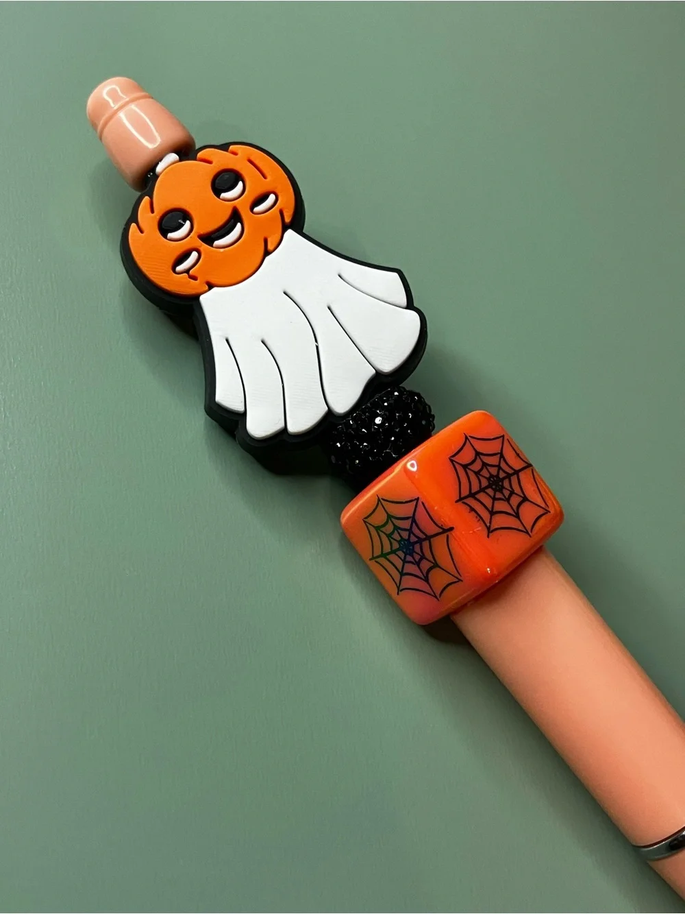 Halloween Pumpkin Ghost with Spiderweb Cube Handmade Beaded Pen